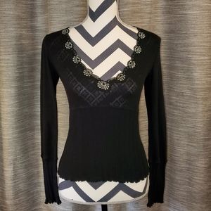 DKNY Long Sleeve Open Knit Lace Flowers Ribbed